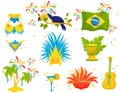 Flat vector set of Brazilian icons. Festive attributes, samba costume, toucan, palm trees and musical instruments Royalty Free Stock Photo