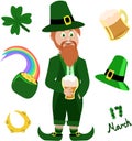Set objects for St. Patrick`s Day. Leprechaun, a pot of gold, beer Royalty Free Stock Photo
