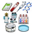 The set of objects on the subject of the chemical laboratory isolated on white background. Vector cartoon close-up Royalty Free Stock Photo