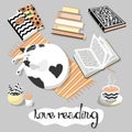 Set with objects on the theme Love reading. Isolated on gray background. Cat, books, notebook, cup of tea or coffee, cute home pla Royalty Free Stock Photo