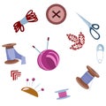 A set of objects: thread floss, spool, button, embroidery frame, embroidery, embroidered leaves, scissors, needle box.