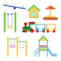 Set of objects to be placed on the playground. Slides and swings, sandpit and house, train. Vector, illustration in flat