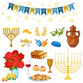 Set of objects of traditional Jewish holiday Hanukkah, feast lights.