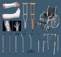 Set of objects of traumatology medicine. Treatment of musculoskeletal system. Gypsum tire, crutch, X-ray, wheelchair