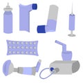 Set of objects for the treatment of asthma. Inhalers, spicer and nebulizer. Pills and injections. Blue medical design