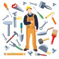 Set objects, worker saw, trowel, hammer Royalty Free Stock Photo