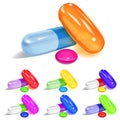 Set of oblong and elliptical multicolored capsules and round pills