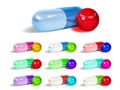 Set of oblong and round multicolored capsules