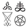 Set of occult symbols Leviathan Cross, pentagram, Lucifer sigil and 666 the number of the beast hand drawn black and white isolate