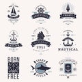 Set ocean adventure nautical vintage label design vector illustration monochrome retro badge Royalty Free Stock Photo