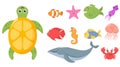 Set ocean animals, underwater creatures, sea fish. Royalty Free Stock Photo