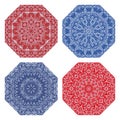 Set of octagonal bicolor patterned elements. Vintage circular patterns for carpet or rosette design