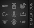 Set Octopus, Monkey, Rat, Shark fin in ocean wave, Pig, Hedgehog, Swan bird and Crocodile icon. Vector