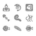 Set Octopus of tentacle, Fish steak, Seaweed, hedgehog, skeleton, head and Fisherman icon. Vector