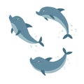 Set ocute dolphins swimming and jumping. Cartoon vector hand drawn eps 10 illustration isolated on white background in a Royalty Free Stock Photo