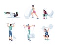 Set od different cartoon people exercising at modern gym vector flat illustration