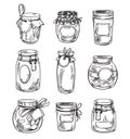 Set od hand drawn mason jars with jam, vector illustration Royalty Free Stock Photo