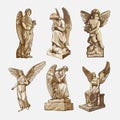Set off Crying praying Angels sculptures with wings. Monochrome illustration of the statues of an angel. Isolated