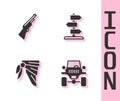 Set Off road car, Hunting gun, Bandana or biker scarf and Road traffic sign icon. Vector