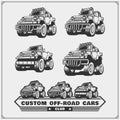 Set of off-road suv car labels, badges and design elements. Safari emblems. Royalty Free Stock Photo