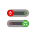 Set of 2 On Off switch toggle - slider style power buttons with round in grey background The On buttons are enclosed in green