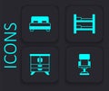 Set Office chair, Big bed, Bunk and Chest of drawers icon. Black square button. Vector Royalty Free Stock Photo