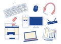 Set of office IT equipment. Computer, laptop. Keyboard, mouse and headset. MFP, telephone PBX. Collection Technologies. Royalty Free Stock Photo