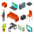 Set of office isometric icons. Sofa, chair, armchair, system unit, router