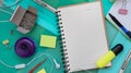 Set of office object tools. Office desk background with set of office stationery. View from above with copy space Royalty Free Stock Photo