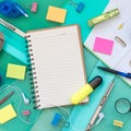 Set of office object tools. Office desk background with set of office stationery. View from above with copy space Royalty Free Stock Photo