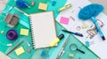 Set of office object tools. Office desk background with set of office stationery. View from above with copy space Royalty Free Stock Photo