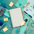Set of office object tools. Office desk background with set of office stationery. View from above with copy space Royalty Free Stock Photo