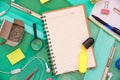 Set of office object tools. Office desk background with set of office stationery. View from above with copy space Royalty Free Stock Photo