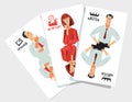 Set of office professions in the form of playing cards. A grotesquely drawn designer, secretary and executive director