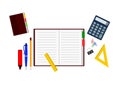 Set of office items: notebook with pen and pencil, calculator and rulers Royalty Free Stock Photo