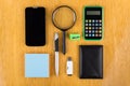 Set of office tools, modern smartphone and flashcard