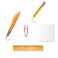 Set of office tools, pen, pencil, paper clip, ruler, paper on white background with shadows