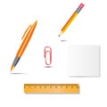 Set of office tools, pen, pencil, paper clip, ruler, paper on white background with shadows Royalty Free Stock Photo