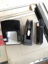 Set of office work metal equipments,paper hole puncher,tape cutter and stapler isolated