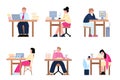 Set of office workers bored and tired of work flat vector illustration isolated.