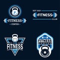 Set ofFitness Logo Badge with sports equipment. Labels in vintage style with kettlebell and barbell silhouette