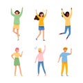 Set ofpeople waving their hands in greeting. Teenagers raised their hands up waving affably cartoon vector illustration Royalty Free Stock Photo