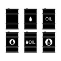 Set oil barrel icon. Vector black oil barrel drums with labels