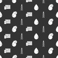Set Oil drop, Bio fuel, Oil price increase and Oil rig with fire on seamless pattern. Vector Royalty Free Stock Photo
