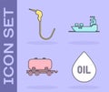 Set Oil drop, Gasoline pump nozzle, Oil railway cistern and Oil tanker ship icon. Vector