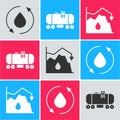 Set Oil drop, Oil railway cistern and Drop in crude oil price icon. Vector