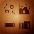 Set Oil industrial factory building, Molecule oil, Industry pipe and Drop in crude oil price on wooden background