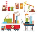 Set of oil industry extraction production and transportation oil and petrol, rig and barrels on flat cartoon icons Royalty Free Stock Photo