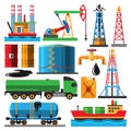 Set of oil industry production transportation extracting cartoon icons illustration. Energy processing platform Royalty Free Stock Photo