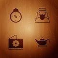 Set Oil lamp, Qibla, Octagonal star and Muslim man on wooden background. Vector